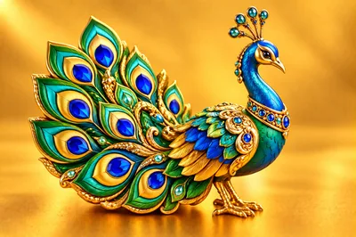 Ornate Jeweled Peacock Figurine on Gold Background