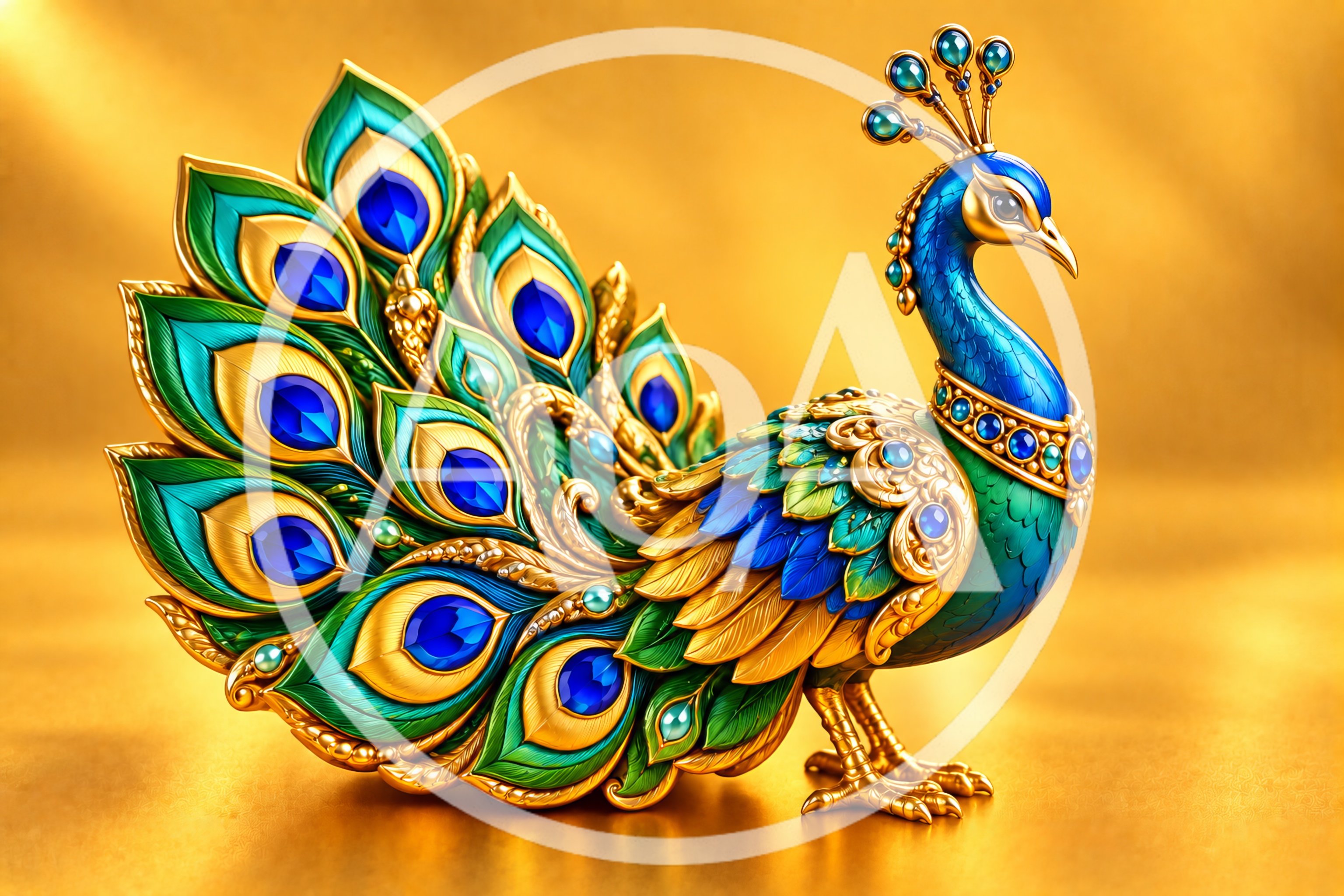 Ornate Jeweled Peacock Figurine on Gold Background