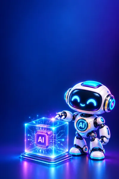 Cute Robot Interacting With Glowing AI Processor Cube