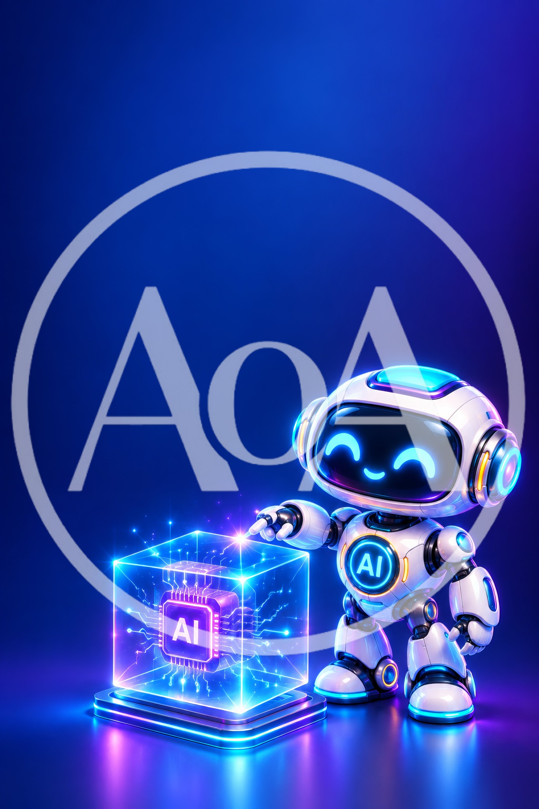 Cute Robot Interacting With Glowing AI Processor Cube