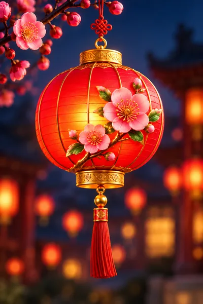 Traditional Chinese Red Lantern With Plum Blossoms
