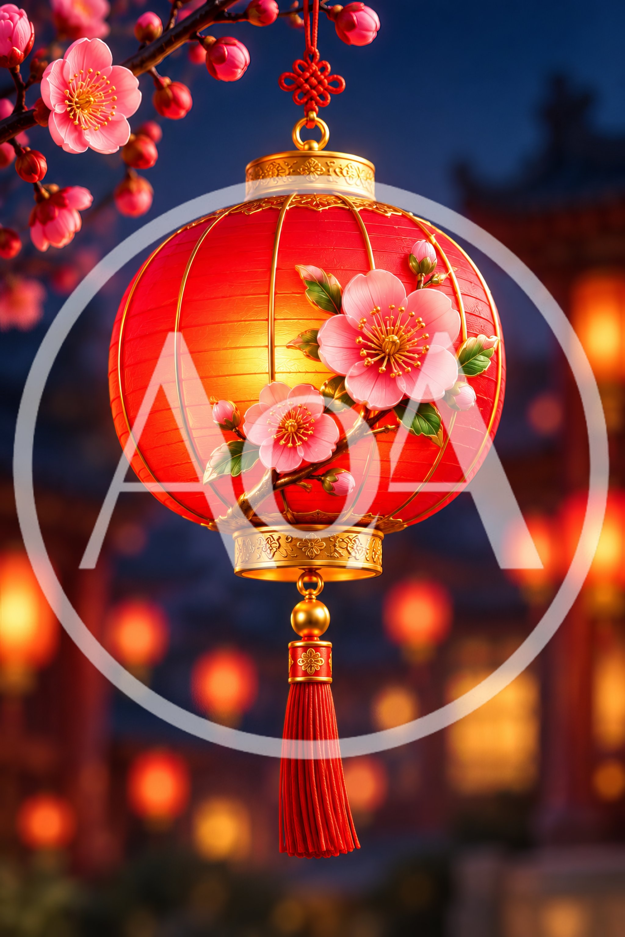 Traditional Chinese Red Lantern With Plum Blossoms