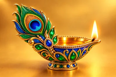 Ornate Peacock Feather Diya Oil Lamp