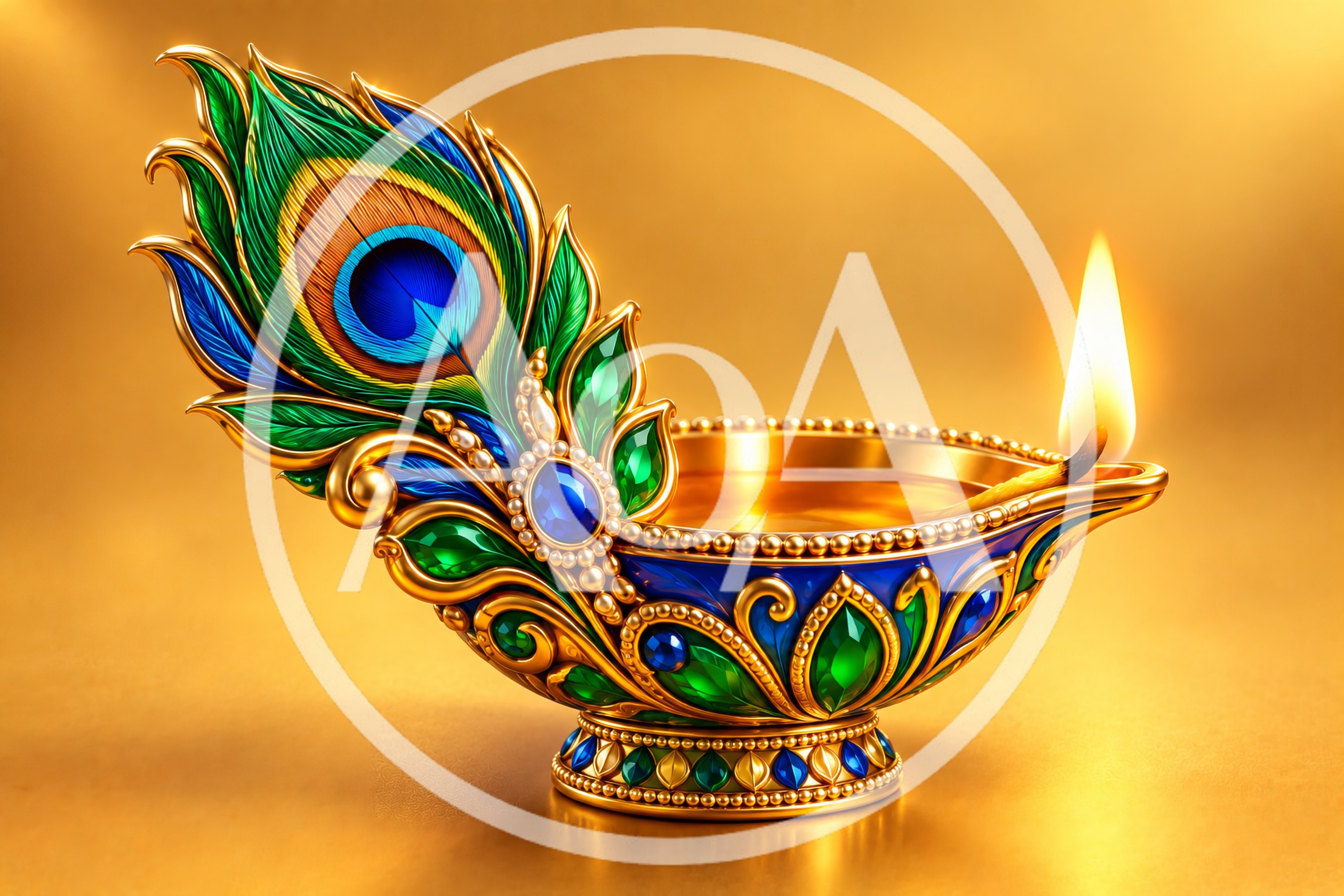 Ornate Peacock Feather Diya Oil Lamp