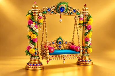 Ornate Golden Swing Decorated With Flowers And Peacock Feathers