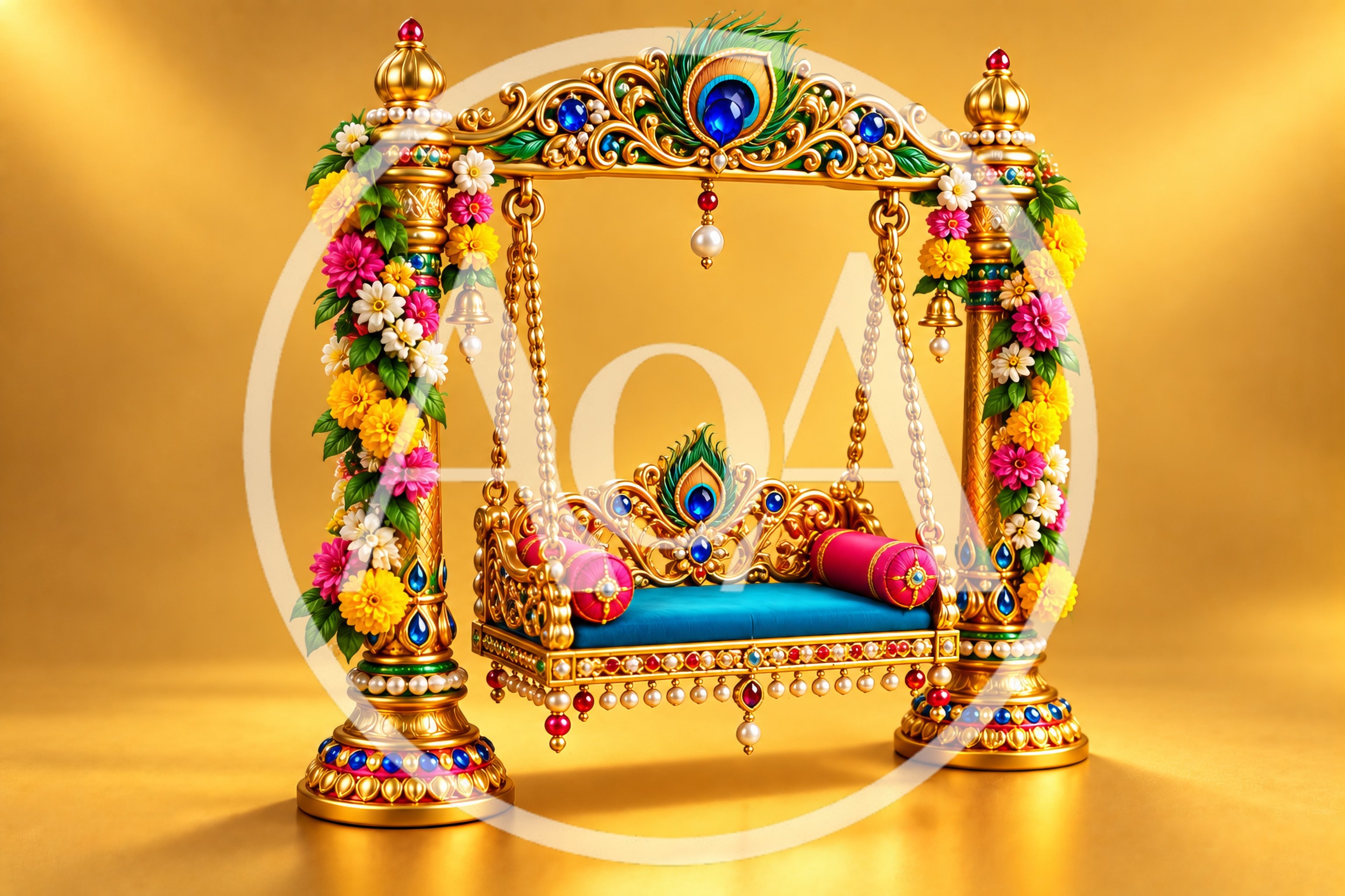 Ornate Golden Swing Decorated With Flowers And Peacock Feathers