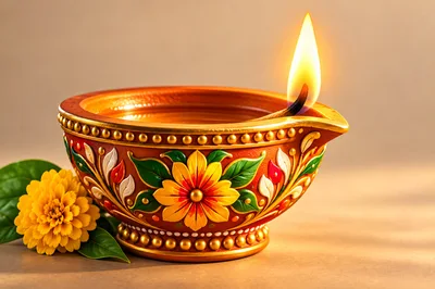 Decorative Diya Oil Lamp With Marigold Flower