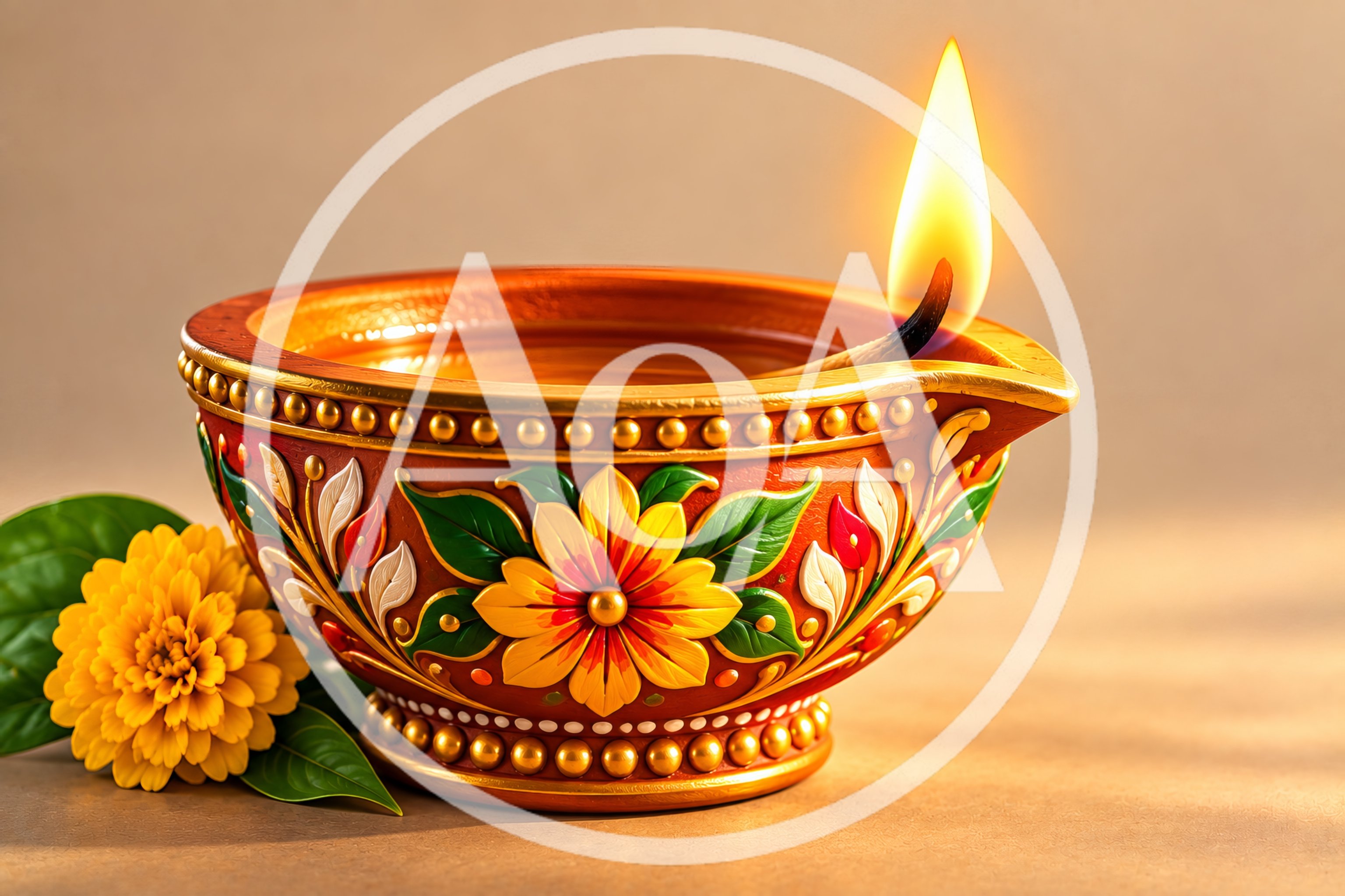 Decorative Diya Oil Lamp With Marigold Flower