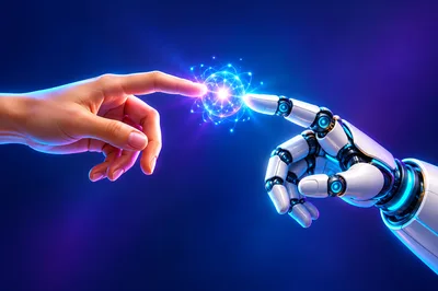 Human Hand Touching Robotic Hand With Glowing Atom