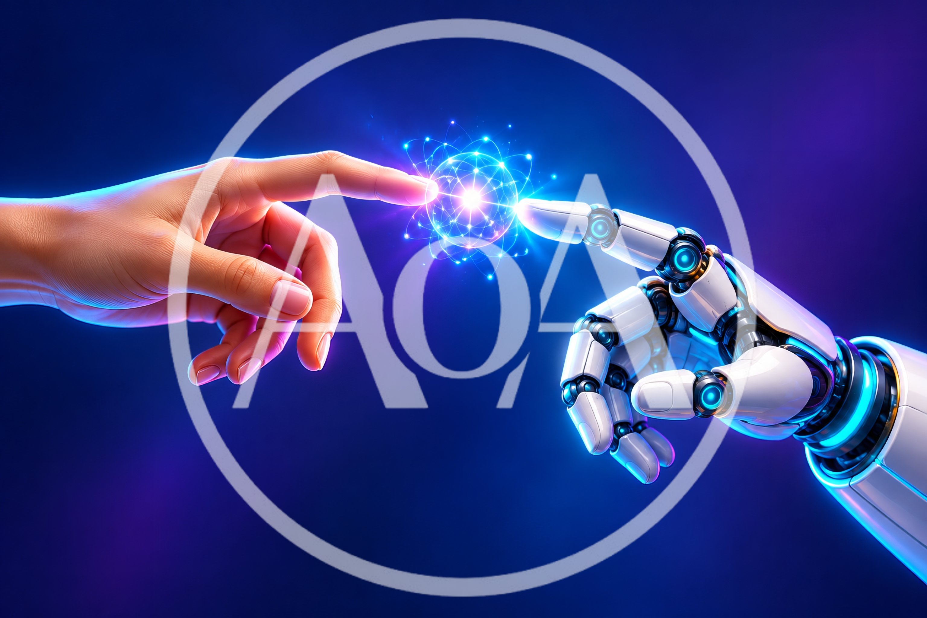 Human Hand Touching Robotic Hand With Glowing Atom
