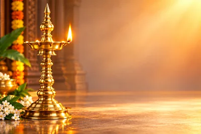Traditional Brass Oil Lamp Lit for Diwali Celebration