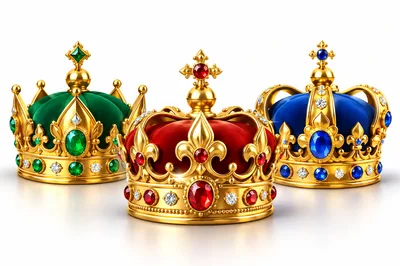 Three Royal Crowns With Gemstones On White Background