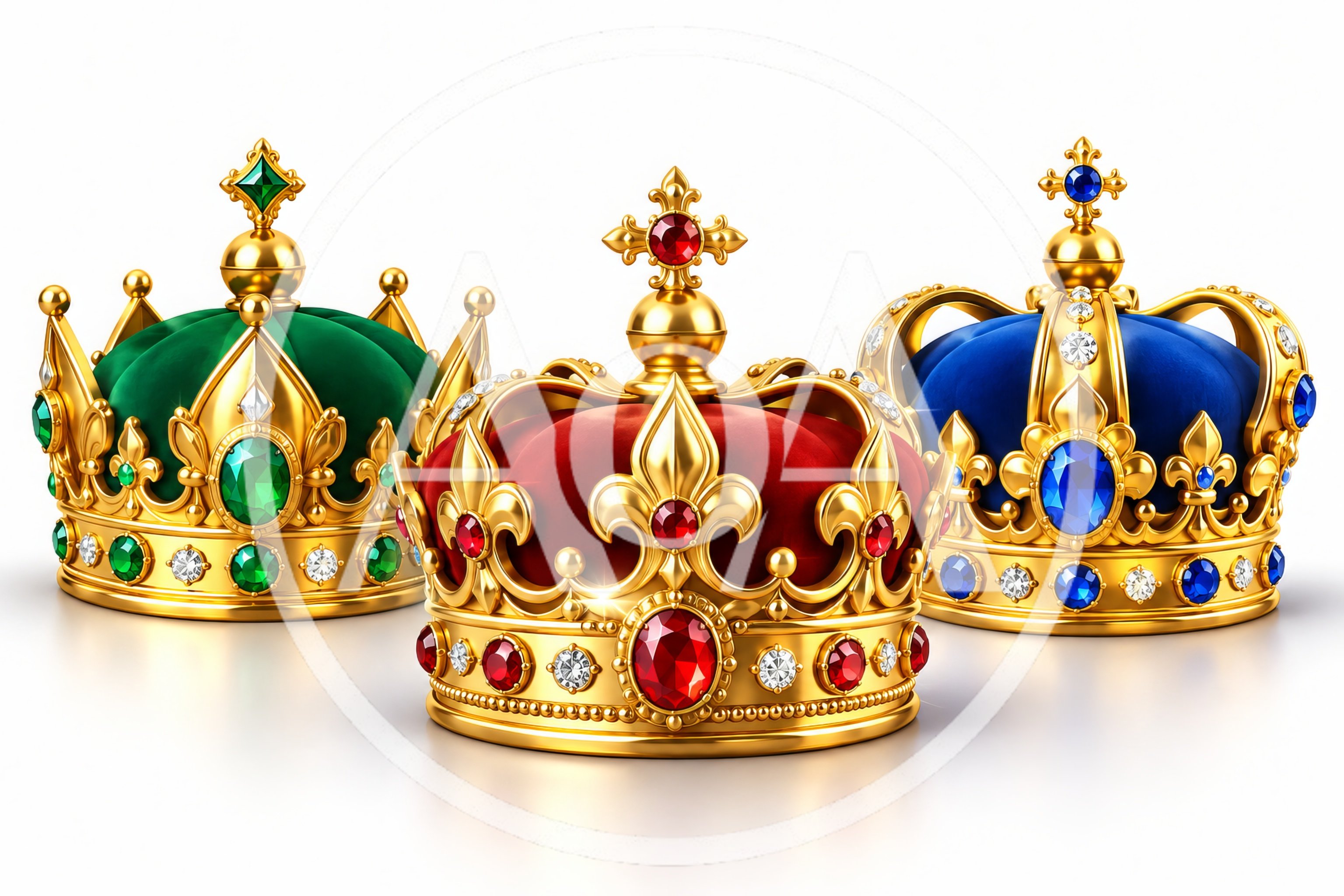 Three Royal Crowns With Gemstones On White Background