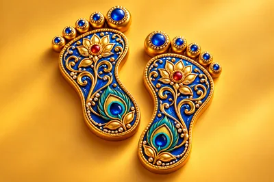 Ornate Golden Footprints With Blue Enamel And Gemstones