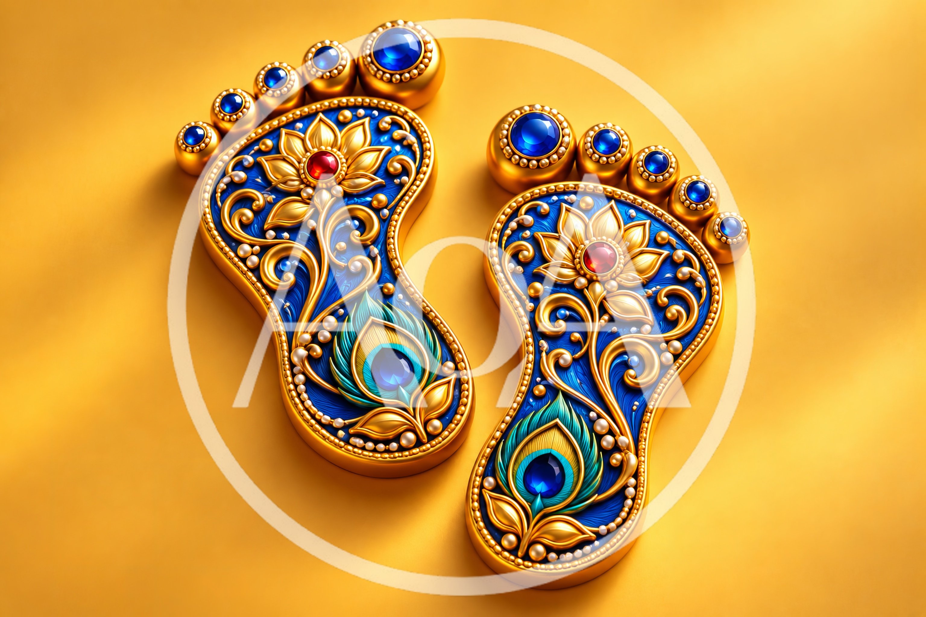 Ornate Golden Footprints With Blue Enamel And Gemstones