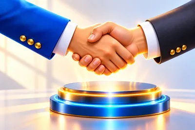 Business Handshake Over A Glowing Circular Podium
