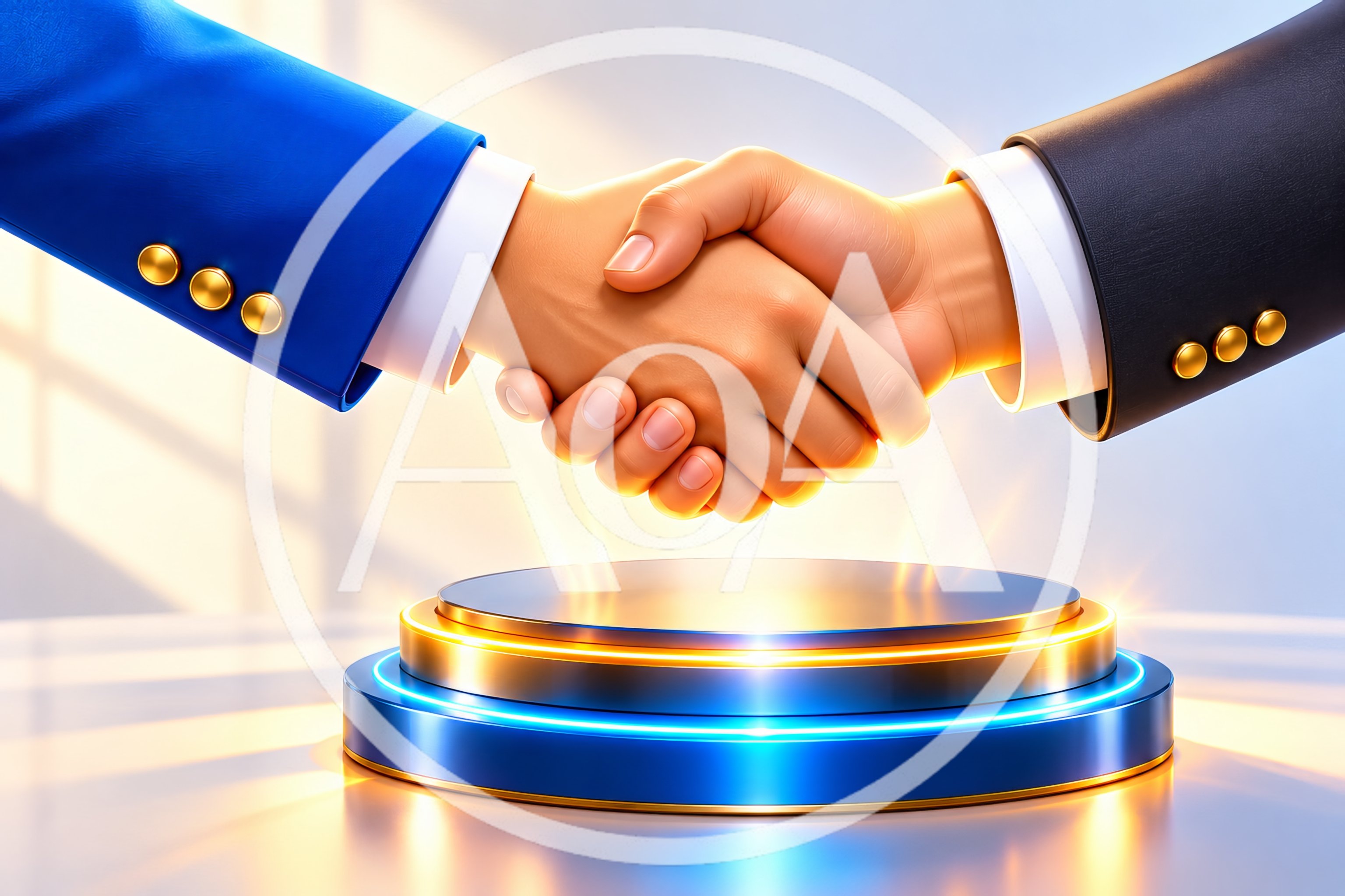 Business Handshake Over A Glowing Circular Podium