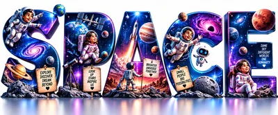 3D Space Typography With Astronauts And Planets