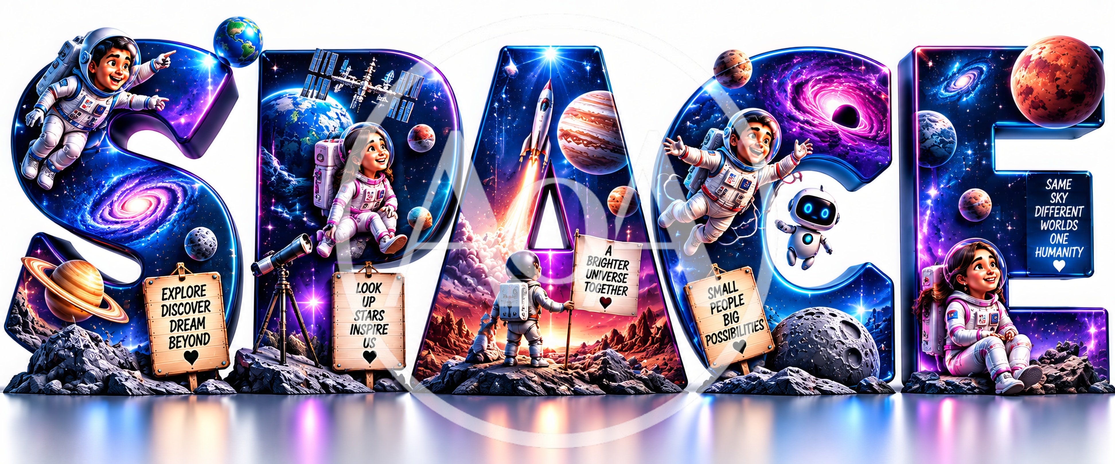 3D Space Typography With Astronauts And Planets