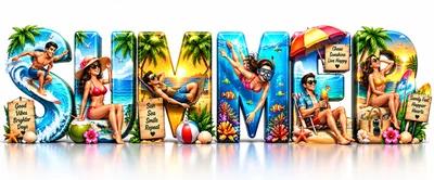 Summer Vacation Themed Typography With People Enjoying Beach Activities