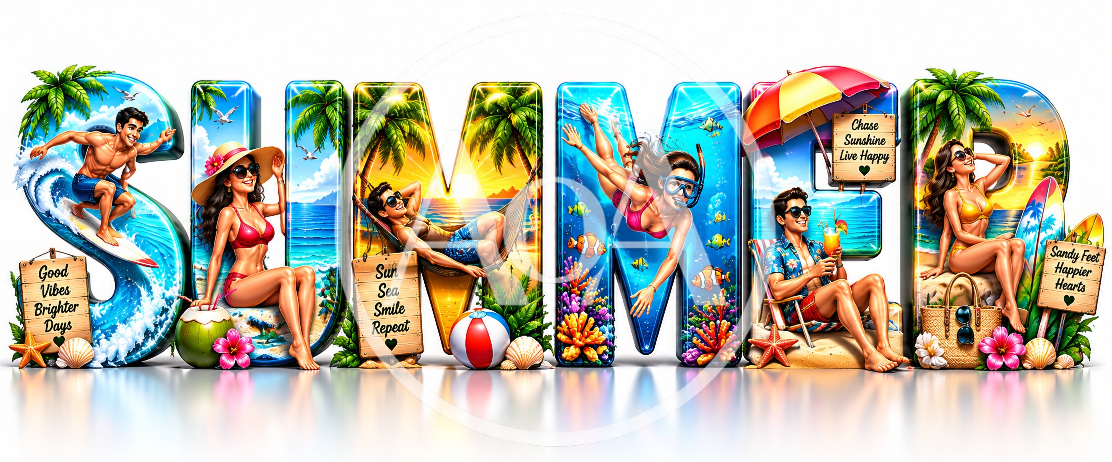 Summer Vacation Themed Typography With People Enjoying Beach Activities