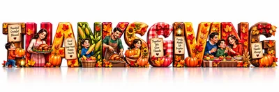 Thanksgiving Holiday Themed Typography With Family Illustration