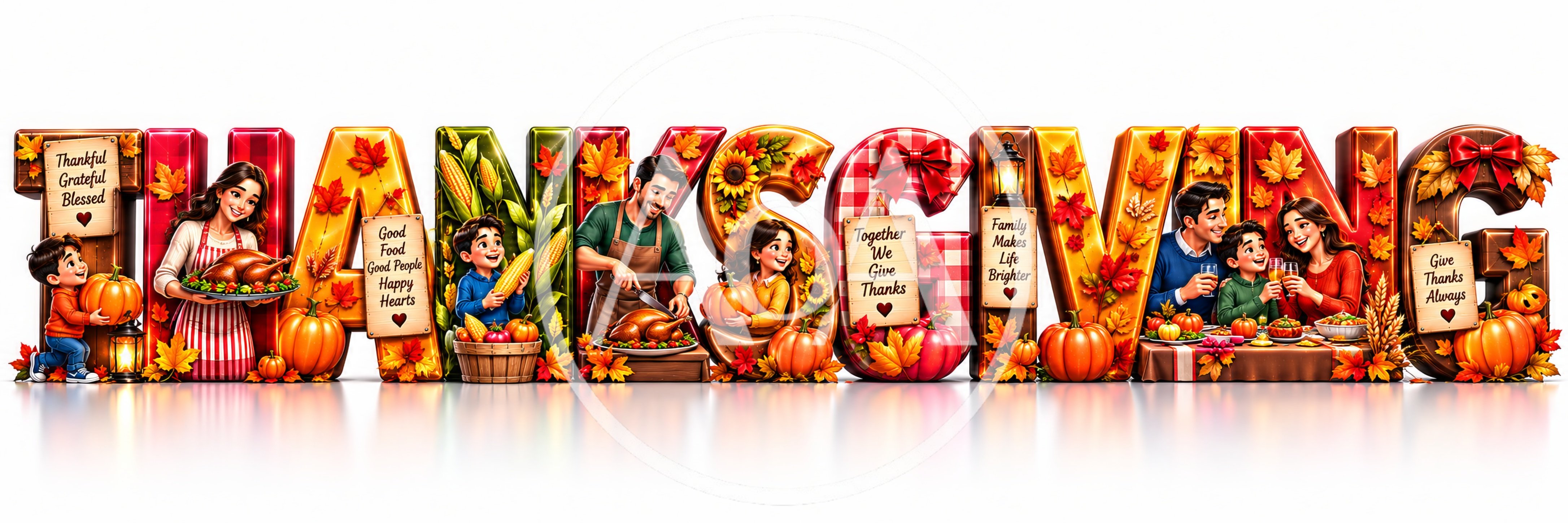 Thanksgiving Holiday Themed Typography With Family Illustration