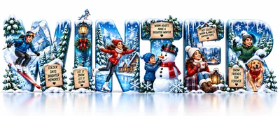 Winter Themed Typography With Children Playing In Snow
