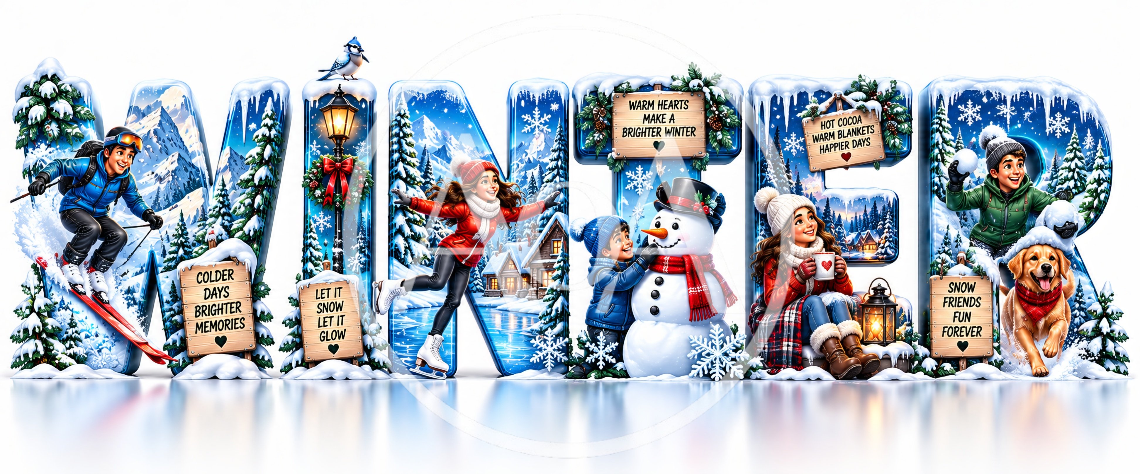 Winter Themed Typography With Children Playing In Snow