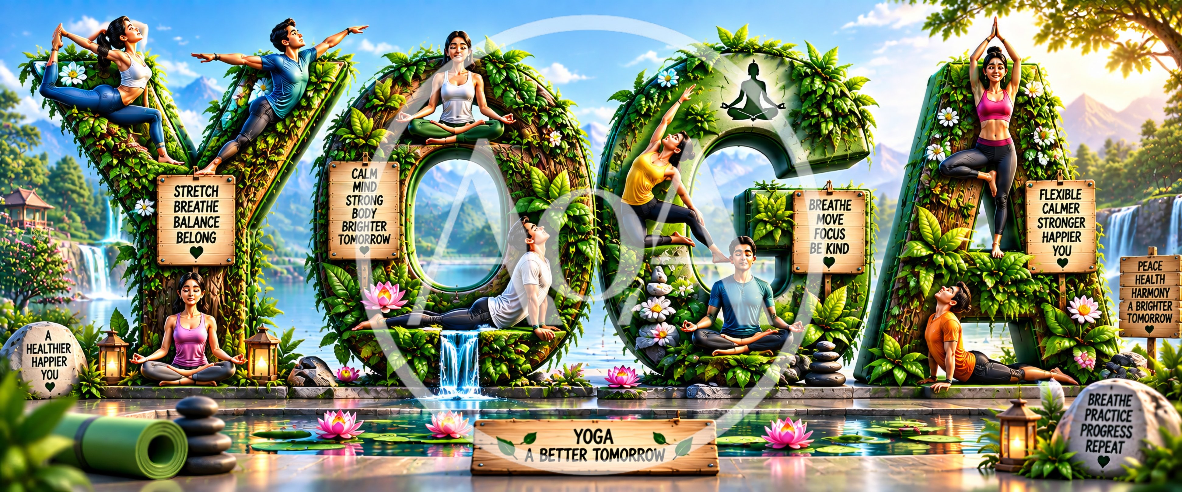 Surreal Yoga Concept Art With People Practicing Poses