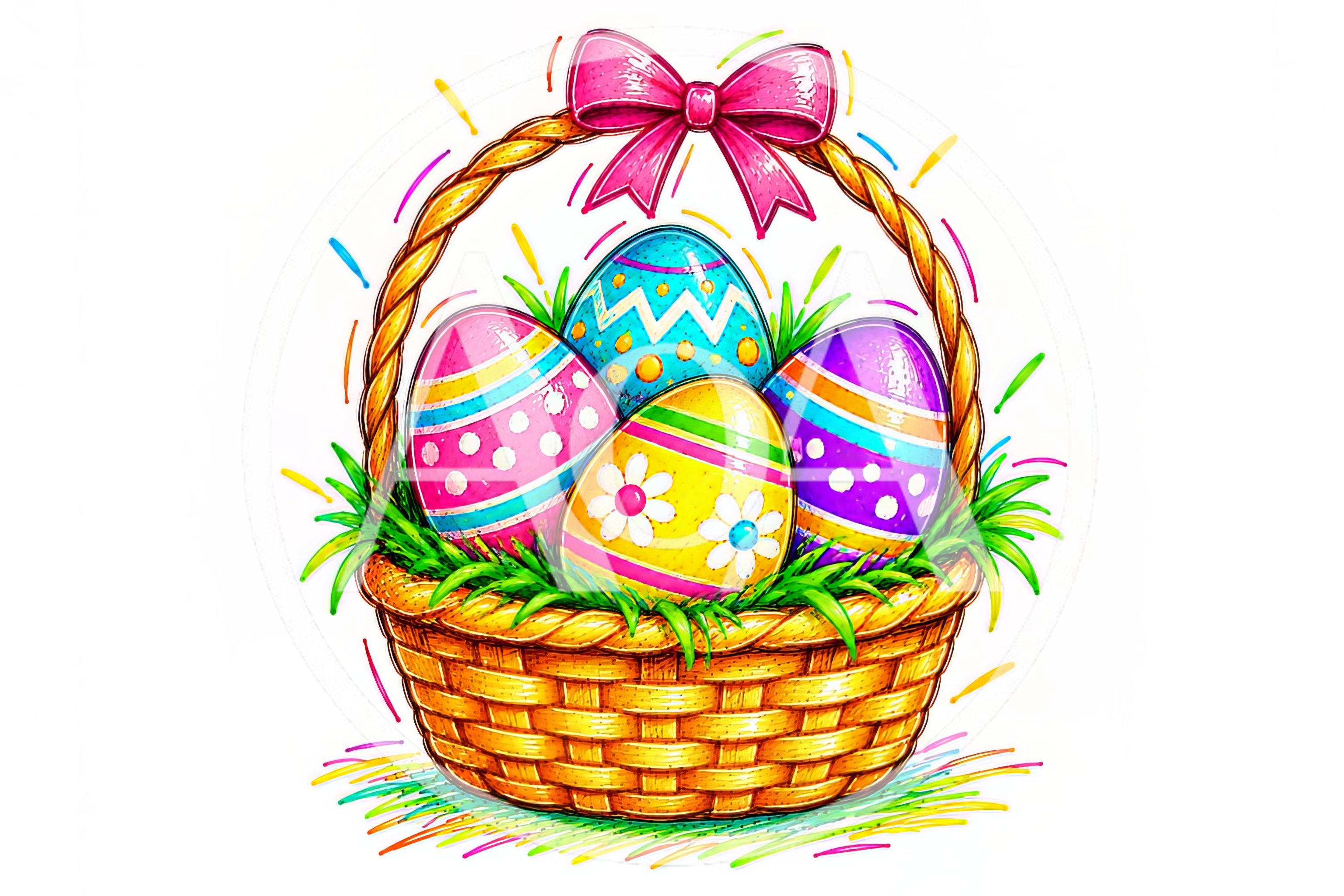 Colorful Easter Eggs In A Woven Basket