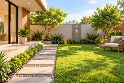 Modern Backyard Garden With Stone Pathway And Lawn