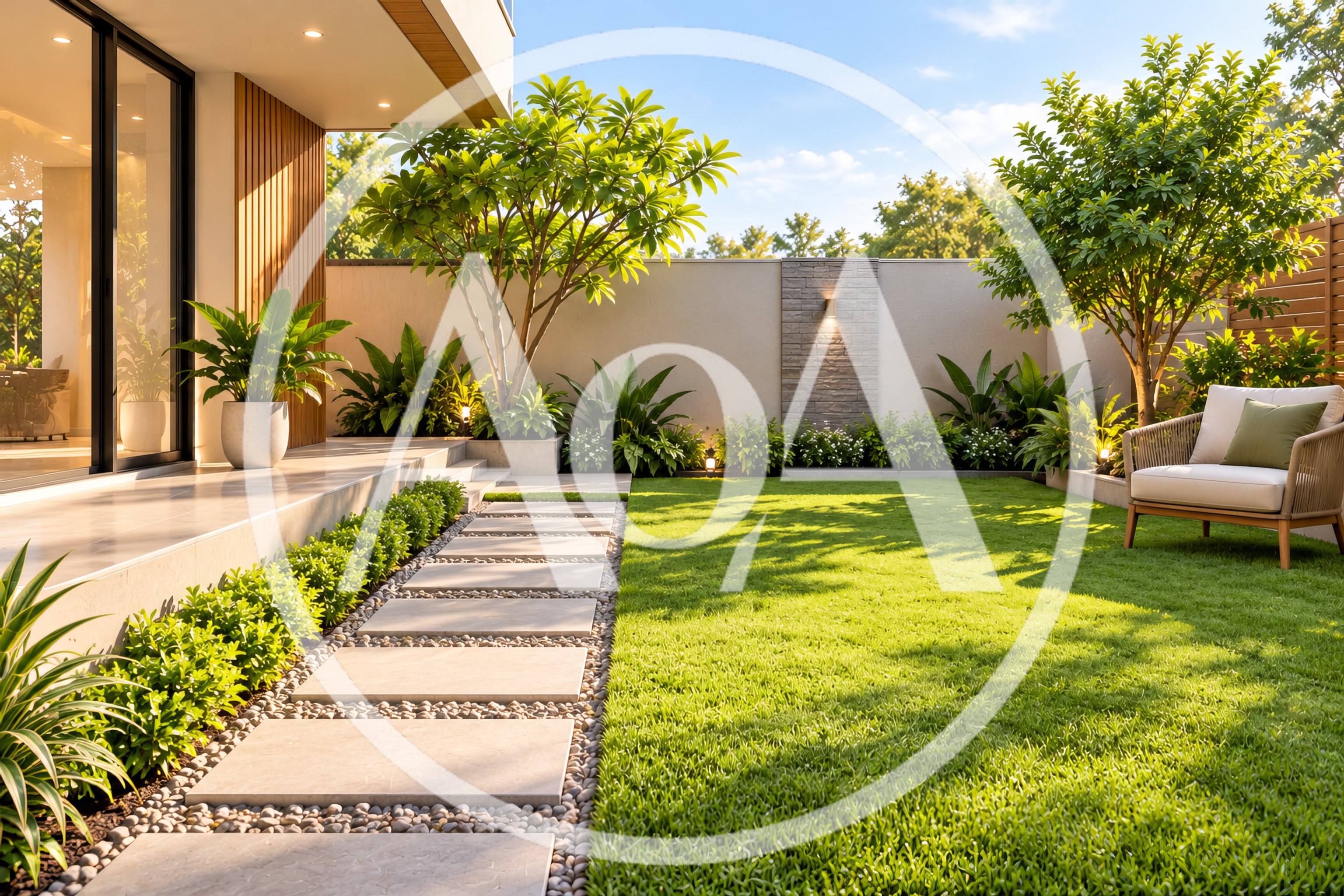 Modern Backyard Garden With Stone Pathway And Lawn
