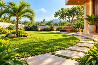 Modern Tropical Garden With Stone Pathway And Palm Tree