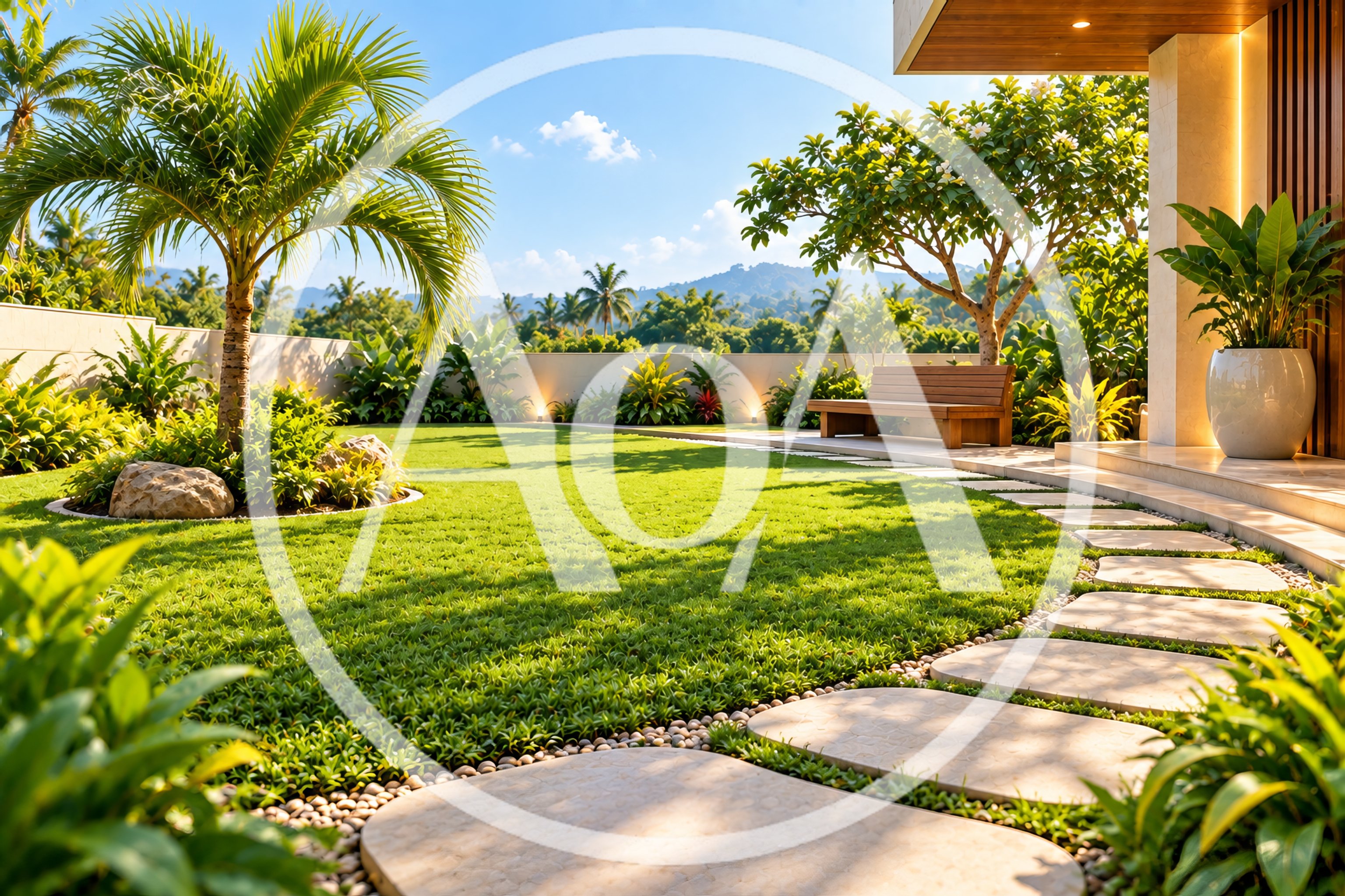 Modern Tropical Garden With Stone Pathway And Palm Tree