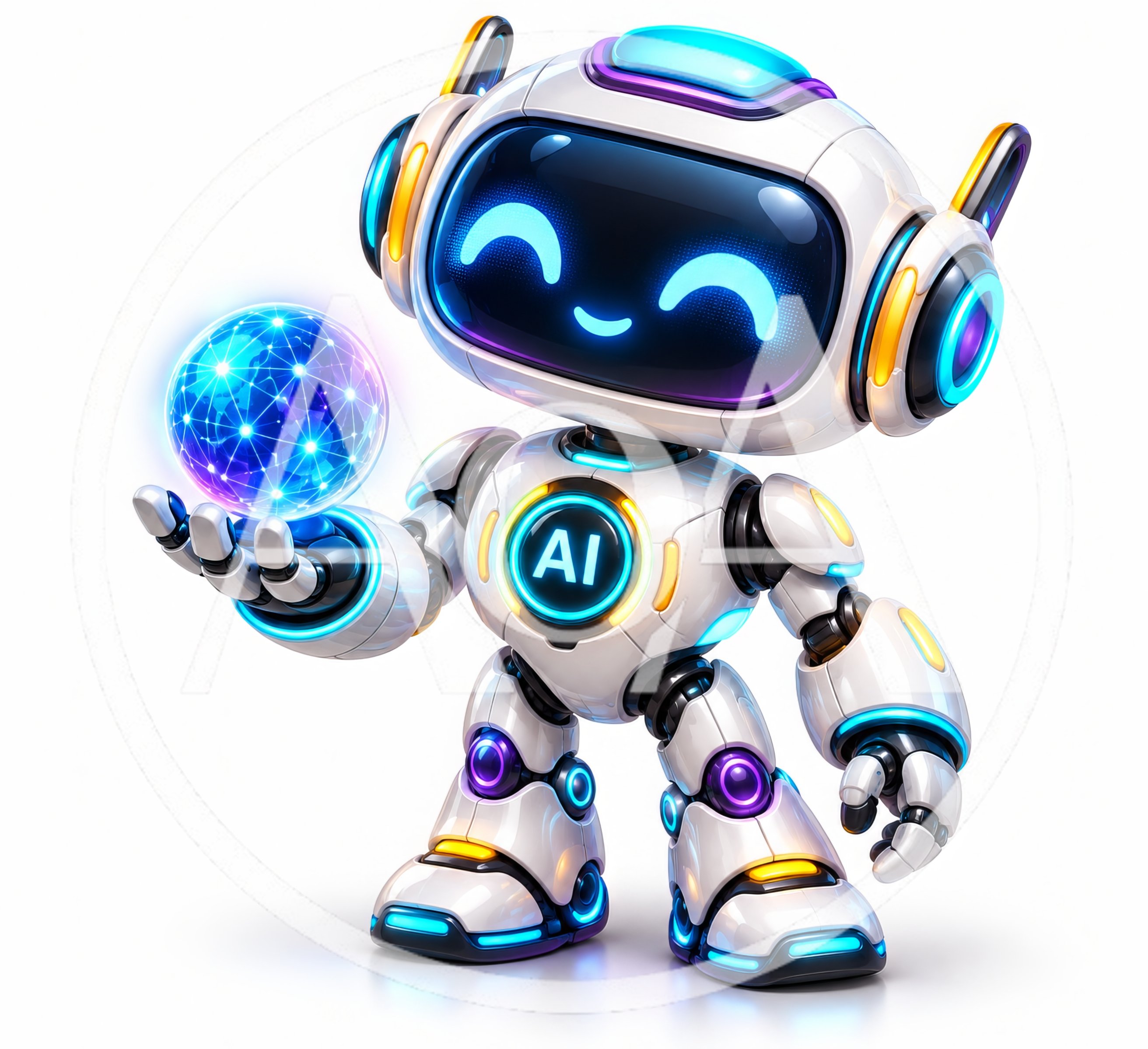 Cute Futuristic Robot Holding Glowing Digital Globe