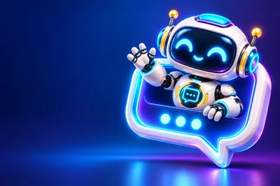 Cute Robot Waving From A Neon Chat Bubble