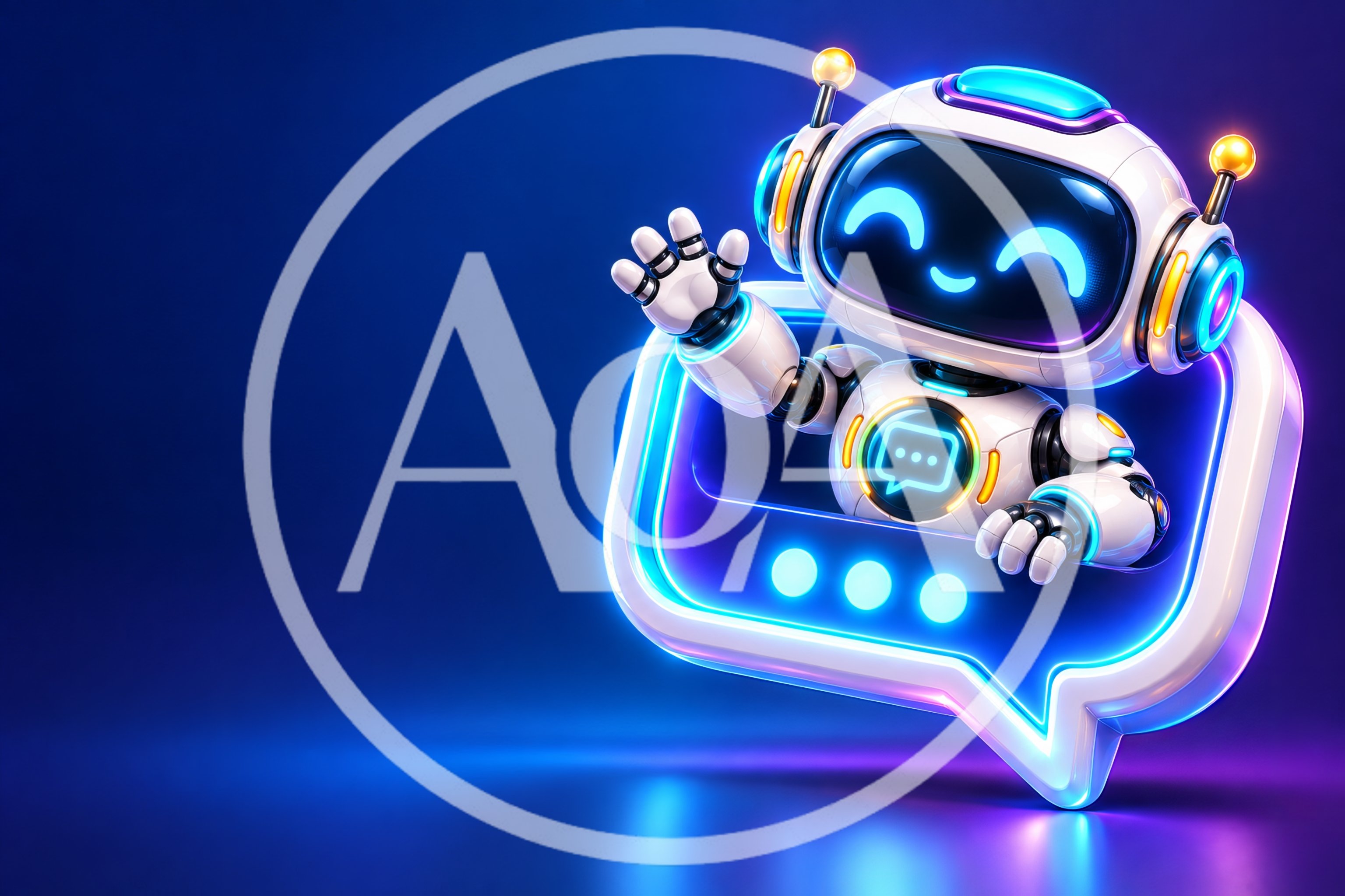 Cute Robot Waving From A Neon Chat Bubble