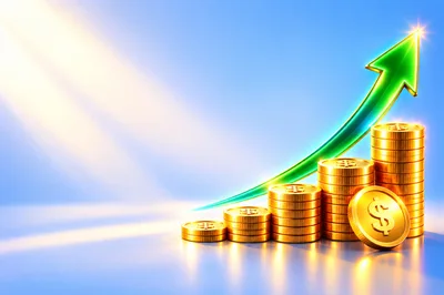 Rising Stack Of Gold Coins With Green Growth Arrow