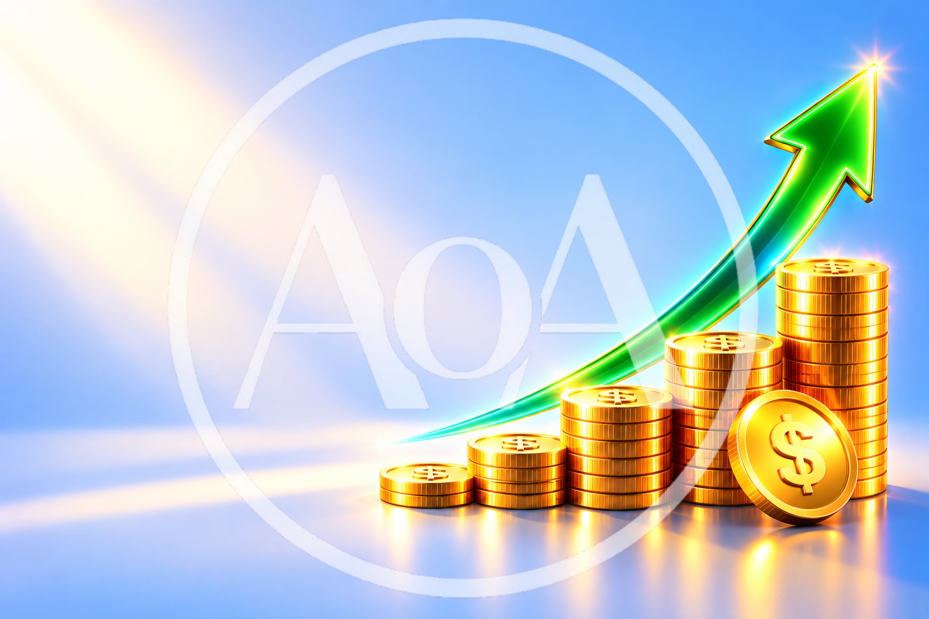 Rising Stack Of Gold Coins With Green Growth Arrow