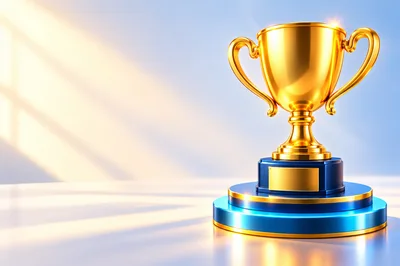 Golden Trophy Cup On A Blue Pedestal