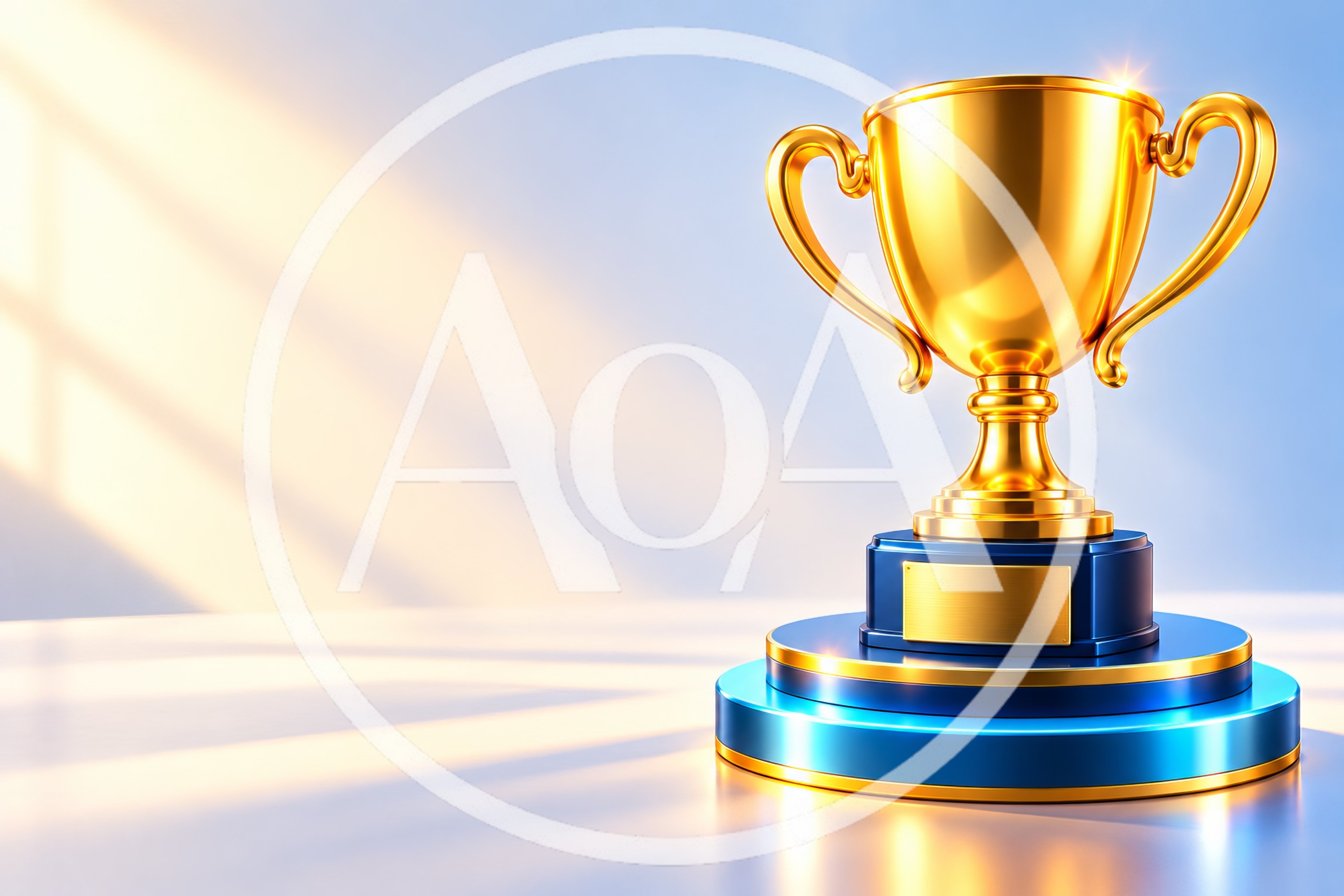 Golden Trophy Cup On A Blue Pedestal