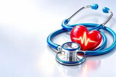 Stethoscope And Glowing Heart Symbol On White Background