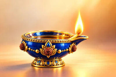 Ornate Blue And Gold Traditional Indian Oil Lamp