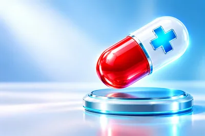 3D Medical Capsule Floating Above A Metallic Pedestal