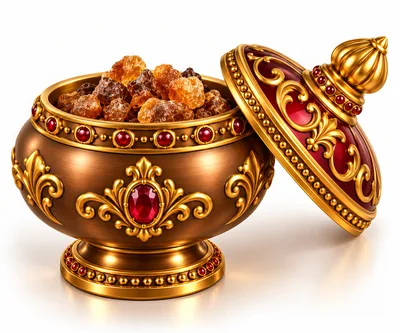 Ornate Golden Bowl Filled With Amber Resin Chunks