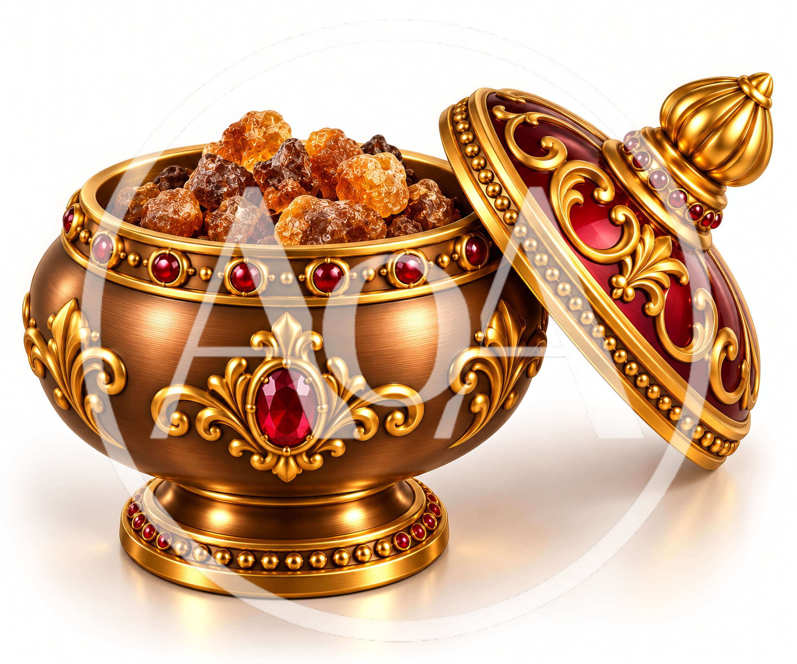 Ornate Golden Bowl Filled With Amber Resin Chunks