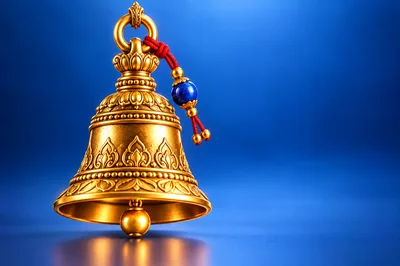 Ornate Golden Tibetan Bell on Blue Background