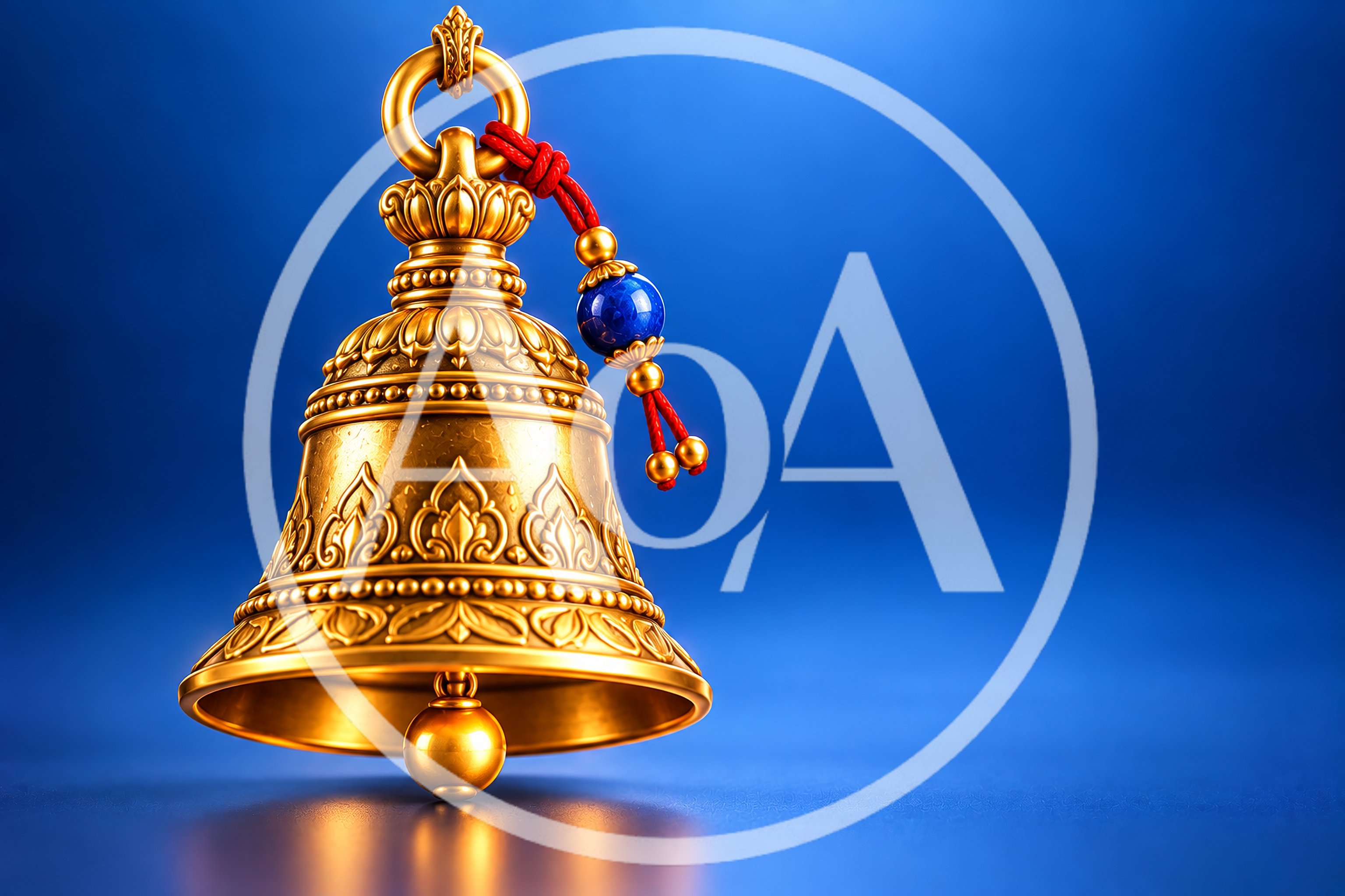 Ornate Golden Tibetan Bell on Blue Background