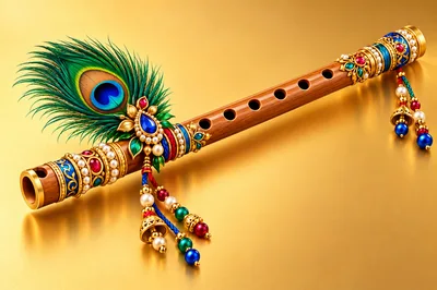 Ornate Wooden Flute With Peacock Feather And Jewels